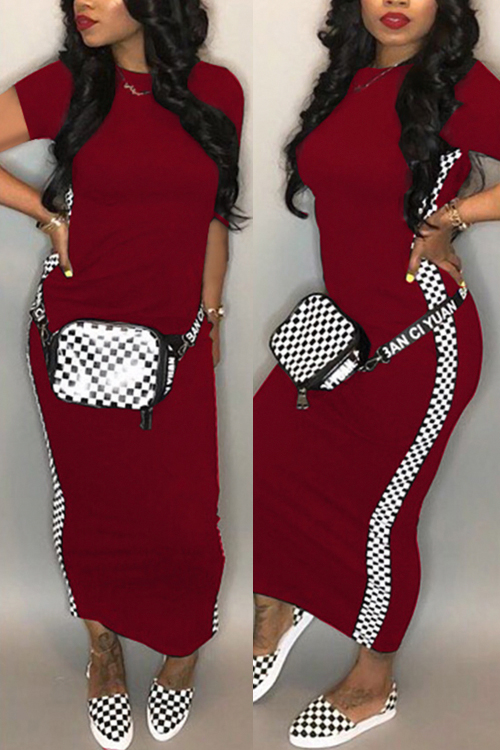 

LovelyFashion Round Neck Grid Printed Wine Red Blending Ankle Length Dress