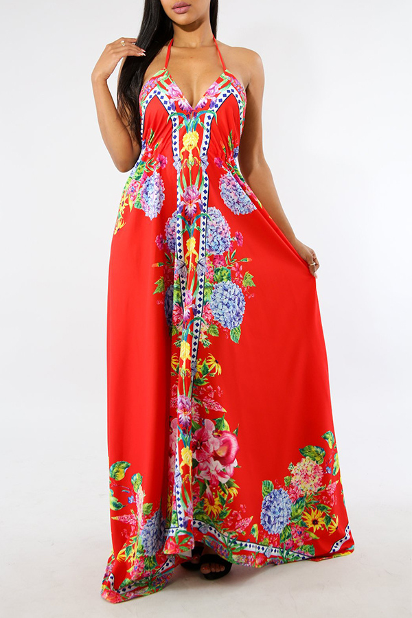 

Lovely Bohemian V Neck Floral Printed Red Milk Fiber Floor Length Dress