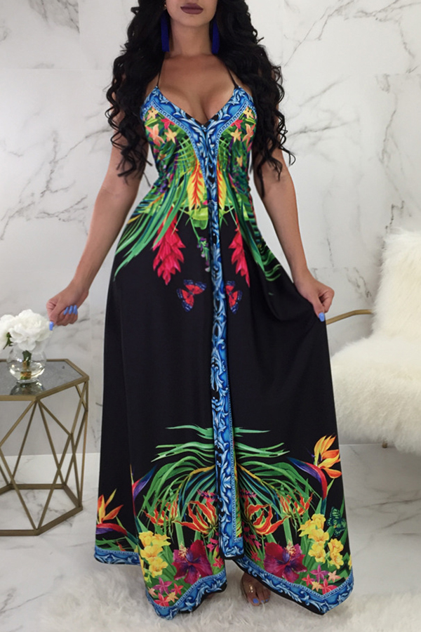 

Lovely Bohemian V Neck Floral Printed Black Milk Fiber Floor Length Dress