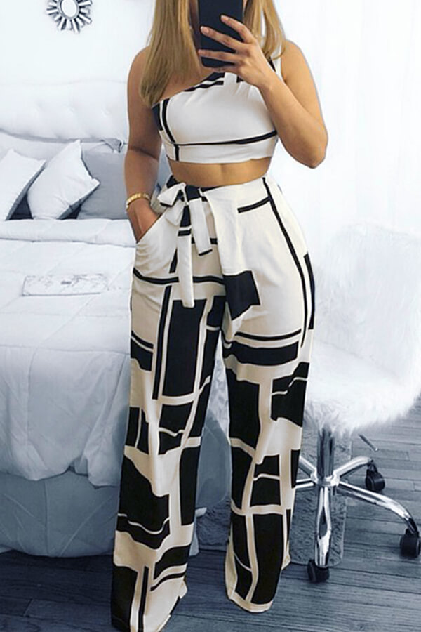 Lovely Chic Show A Shoulder Geometric Printed Black Qmilch Two-piece Pants Set