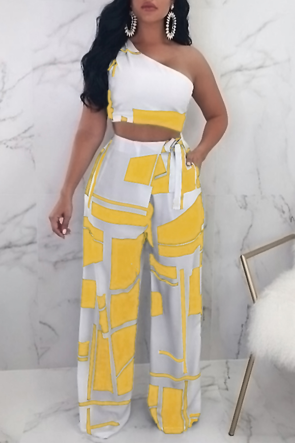 

Lovely Chic Show A Shoulder Geometric Printed Yellow Qmilch Two-piece Pants Set