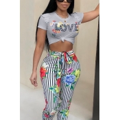 Lovely Leisure Round Neck Letter+Floral Printed Gr