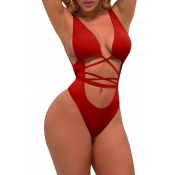Lovely Chic Lace-up Red Polyester One-piece Swimwe