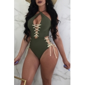 Lovely Chic Lace-up Army Green One-piece Swimwear