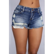 Lovely Trendy High Waist Broken Holes Deep Blue De