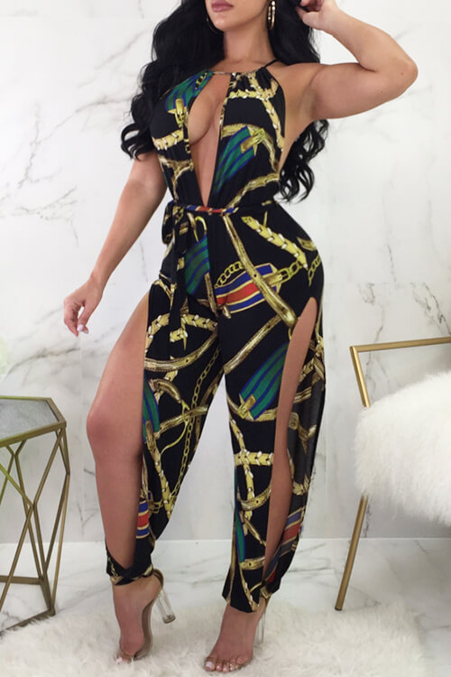

Lovely Chic V Neck Side Slit Floral Printed Green Polyester One-piece Jumpsuits