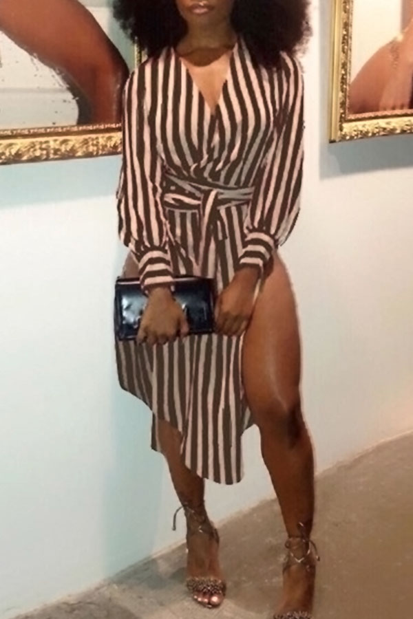 

LovelyFashion V Neck Striped Side Slit Brown Cotton Mid Calf Dress(With Belt)