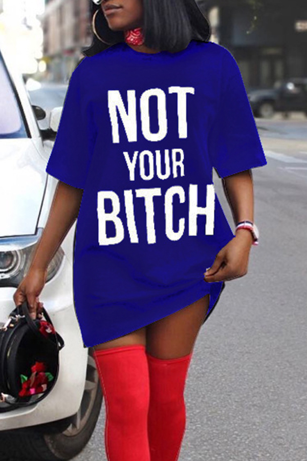 

Lovely Casual Round Neck Letters Printed Blue Cotton Blend Mini Dress