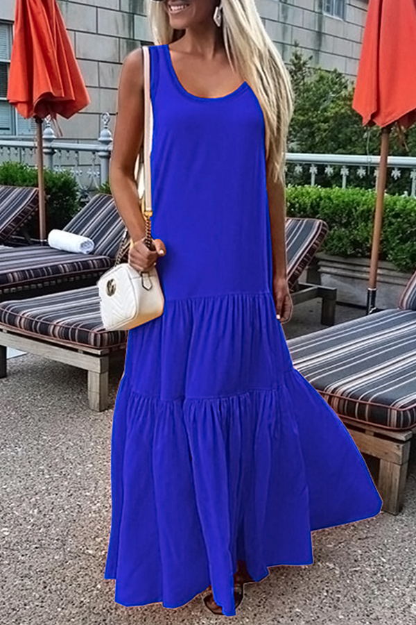

Lovely Fashion U neck Tiered Ruffle Blue Blending Floor Length Dress