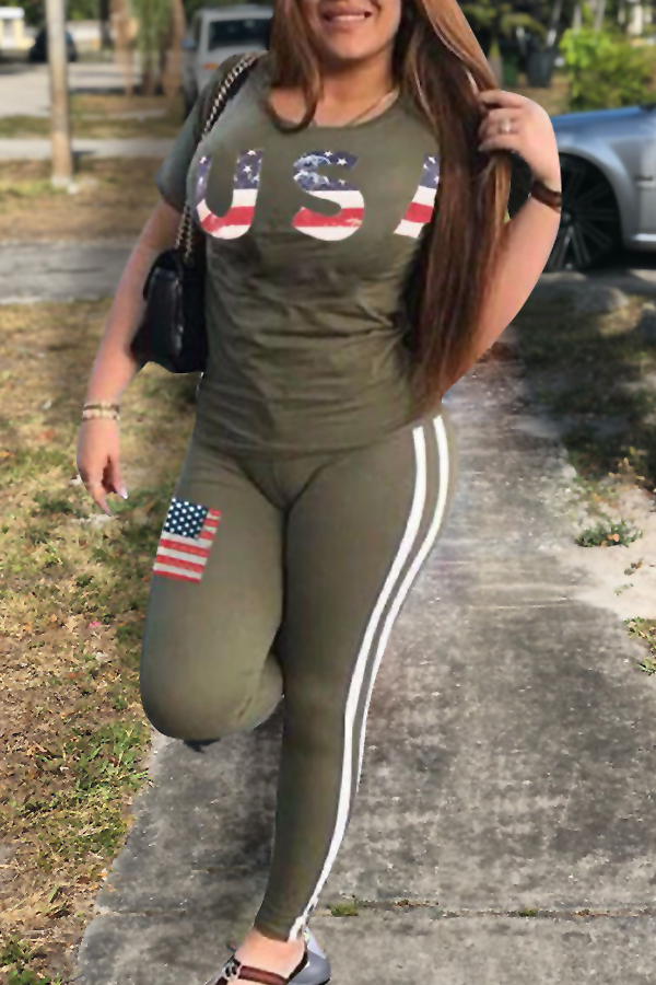 

Lovely Casual Round Neck Letters Printed Army Green Twilled Satin Two-piece Pants Set