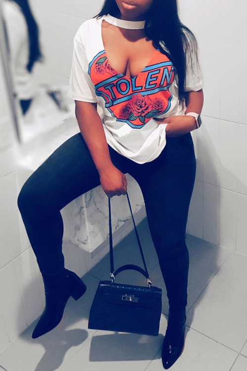 

Lovely Sexy Printed Hollow-out White Polyester T-shirt