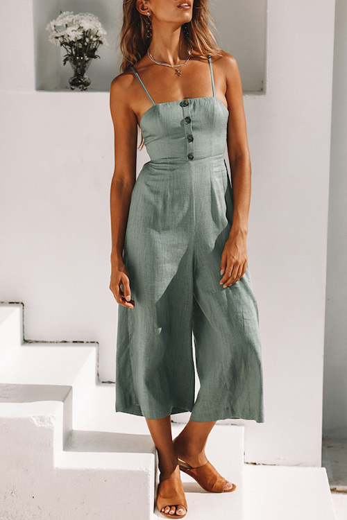 

Lovely Casual Dew Shoulder Buttons Light Green Cotton Blends One-piece Jumpsuits