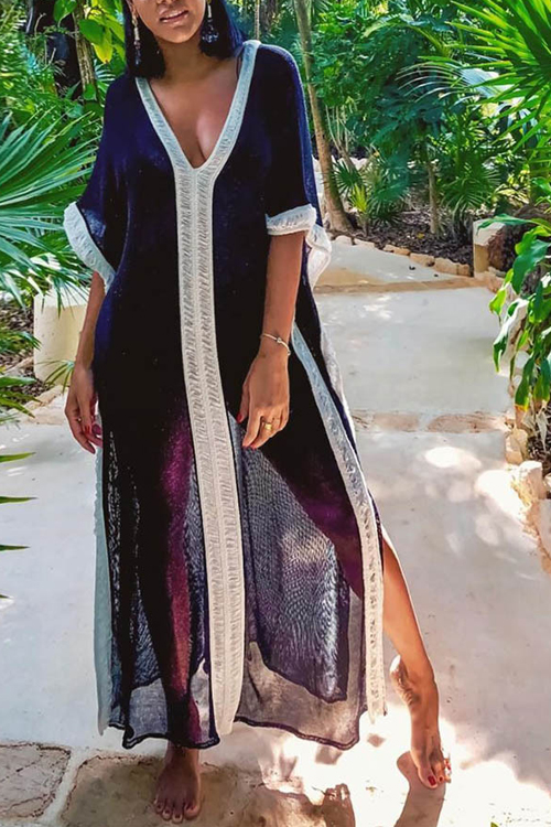 

Lovely Casual V Neck Patchwork Dark Blue Chiffon Cover-Ups