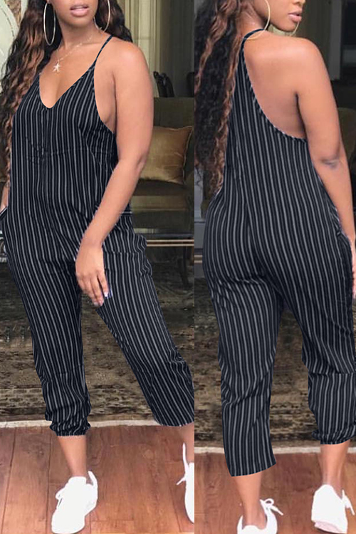 

Lovely Trendy Striped Black Polyester One-piece Jumpsuit