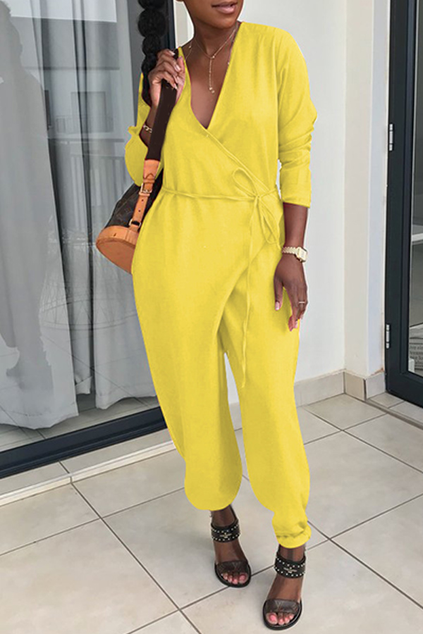 

Lovely Street V Neck Yellow Polyester One-piece Jumpsuits