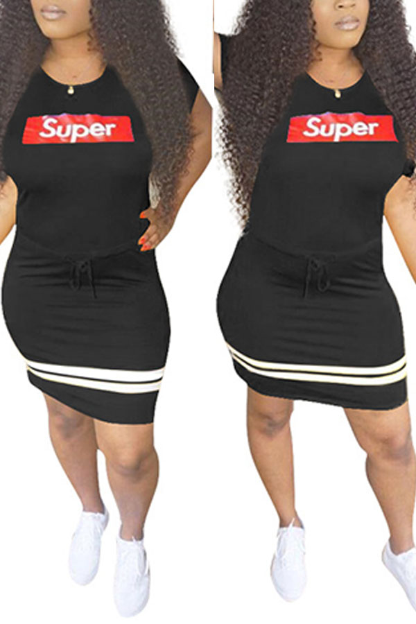 

Lovely Casual Round Neck Letter Printed Black Polyester Mini Dress