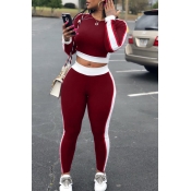 LovelyLeisure Round Neck Patchwork Wine Red Polyes