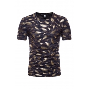 Lovely Casual Round Neck Gold Stamping Feather Nav