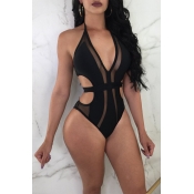 Lovely Stylish V Neck Patchwork Black One-piece Sw