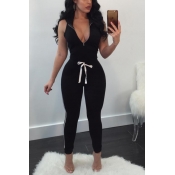 Lovely Casual V Neck Zipper Design Black Cotton Bl