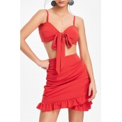 Lovely Sexy V Neck Ruffle Red Knitting Two-piece S