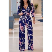 Lovely Fashion V Neck Printing Blue Polyester One-