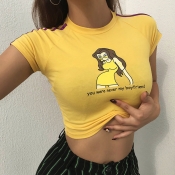Lovely Casual Round Neck Characters Printed Yellow