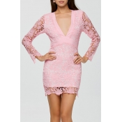 Lovely Fashion V Neck Hollow-out Bow Pink Lace Min