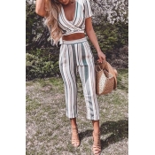 Lovely Casual V Neck Striped Blending Two-piece Pa