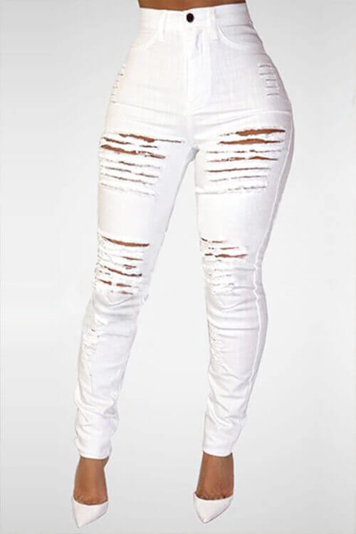 Lovely Trendy High Waist Broken Holes White Denim Skinny Jeans