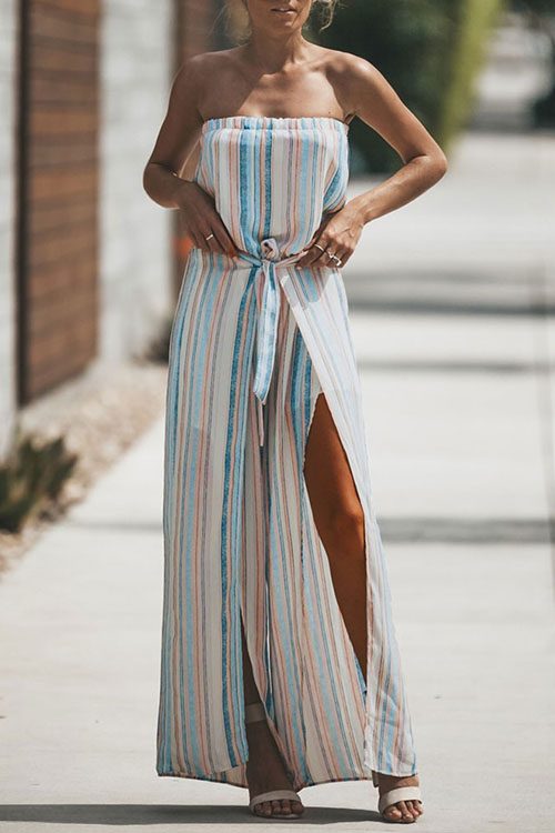 

Lovely Fashion Bateau Neck Non Positioning Colorful Striped Chiffon One-piece Jumpsuits, Multicolor stripe