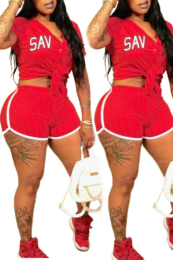 

LovelyCasual V Neck Letter+Striped Printed Red Qmilch Two-piece Shorts Set