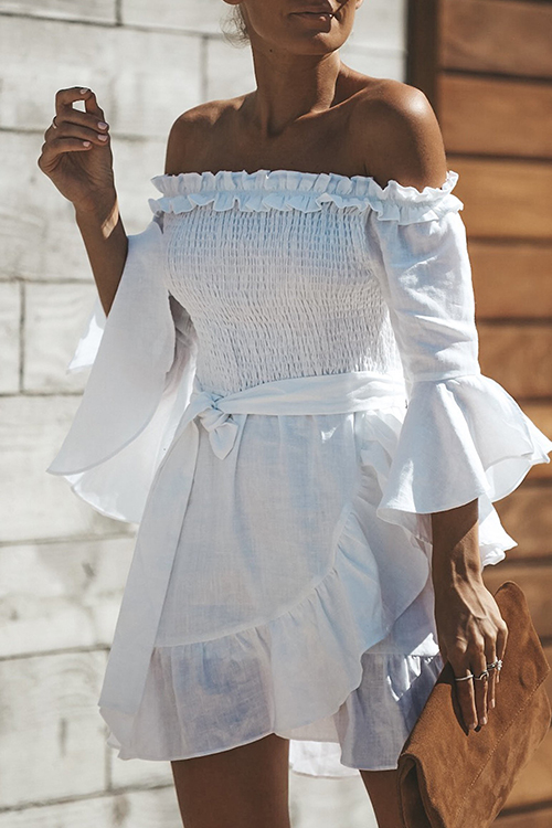 

Lovely Fashion Bateau Neck Flounce Irregular White Cotton Blends Mini Dress