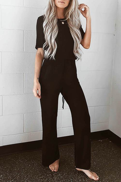

Lovely Casual Round Neck Drawstring Black Cotton Blends One-piece Jumpsuits