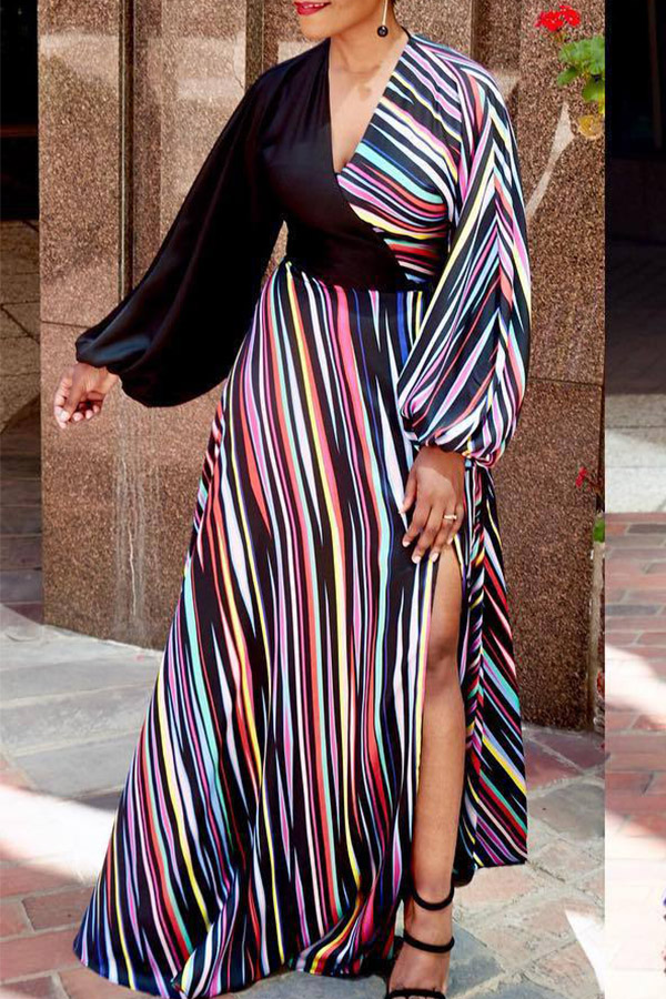 

Lovely Bohemian V Neck Patchwork Colorful Striped Qmilch Floor Length Dress