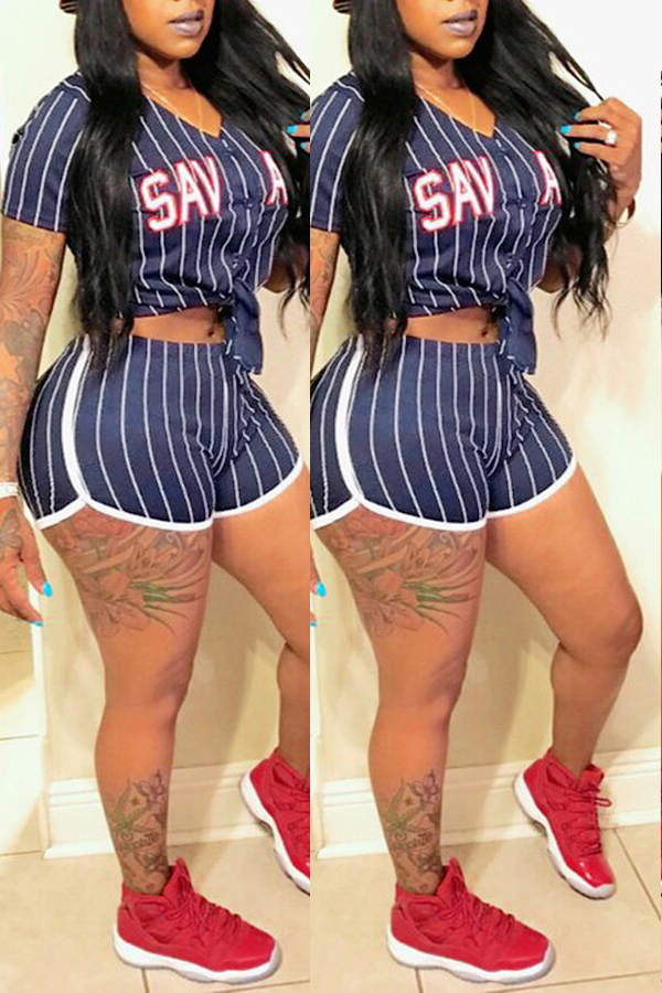

Lovely Casual V Neck Letter+Striped Printed Blue Qmilch Two-piece Shorts Set