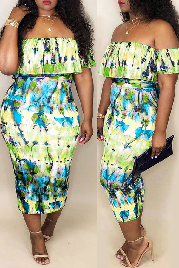 

Lovely Euramerican Dew Shoulder Printed Blue-green Mid Calf Sheath Dress