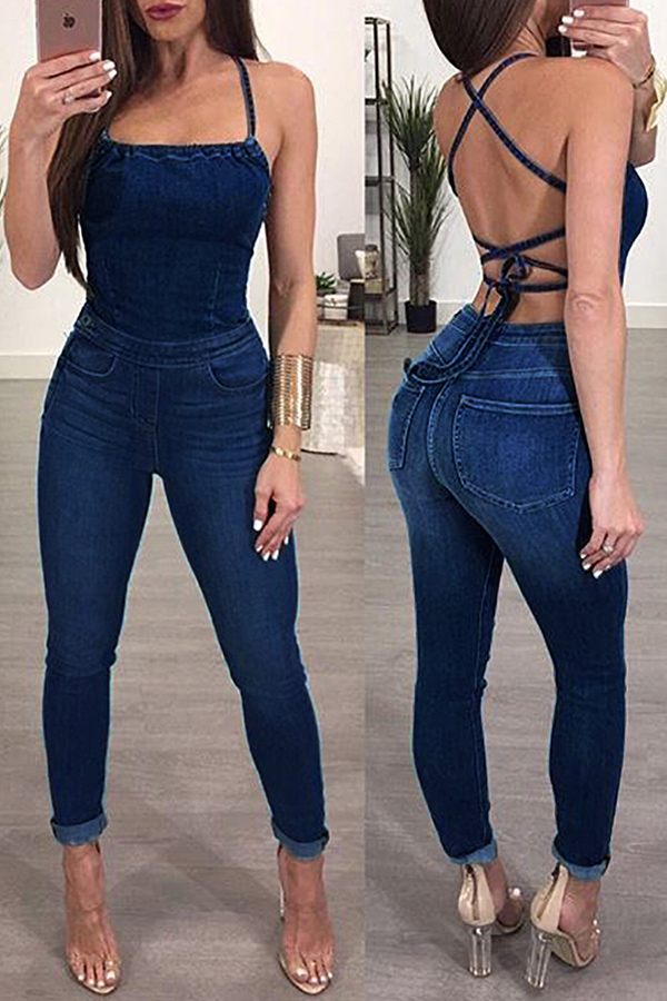 

Lovely Sexy Backless Blue Denim One-piece Jumpsuits