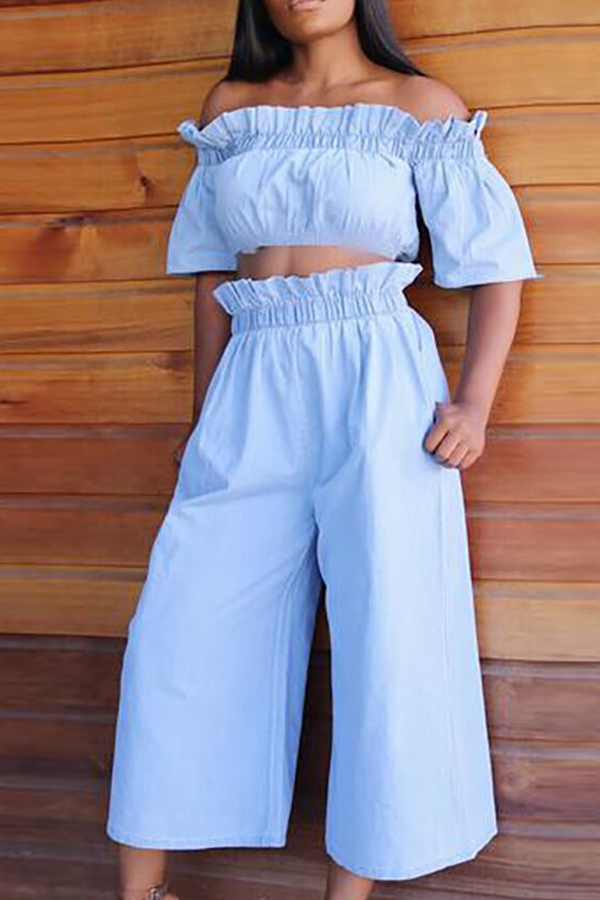 

Lovely Euramerican Bateau Neck Dew Shoulder Baby Blue Two-piece Pants Set