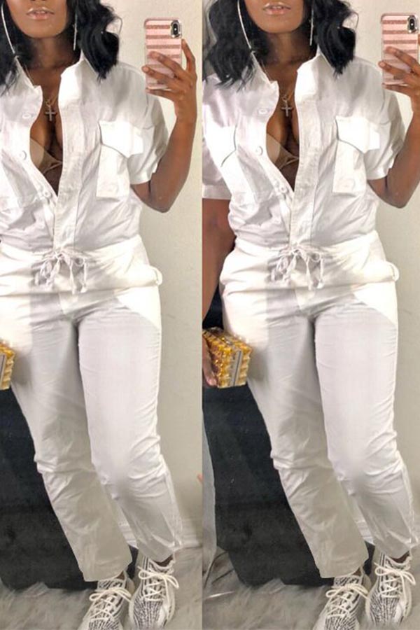 

LovelyTrendy Button Design White One-piece Jumpsuit