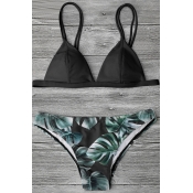 Lovely Chic Leaf Printed Black Two-piece Swimwears
