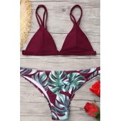 Lovely Chic Leaf Printed Wine Red Two-piece Swimwe