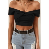 Lovely Sweet V Neck Crossed Design Black Cotton Bl