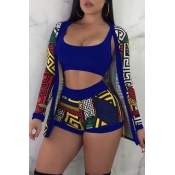 LovelyFashion U Neck Printing Blue Two-piece Short