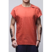 Lovely Casual Round Neck Buttons Brick Red Linen T