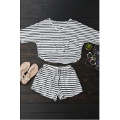 Lovely Casual V Neck Striped Cotton Two-piece Shor