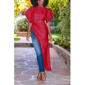 Lovely Trendy Short Sleeves Asymmetrical Red Cotto