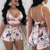 Lovely Sexy Backless Printed Pink Two-piece Shorts