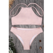 Lovely Pink Backless Nylon Two-piece Swimwear