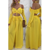 Lovely Sexy Dew Shoulder Yellow Chiffon Two-piece 